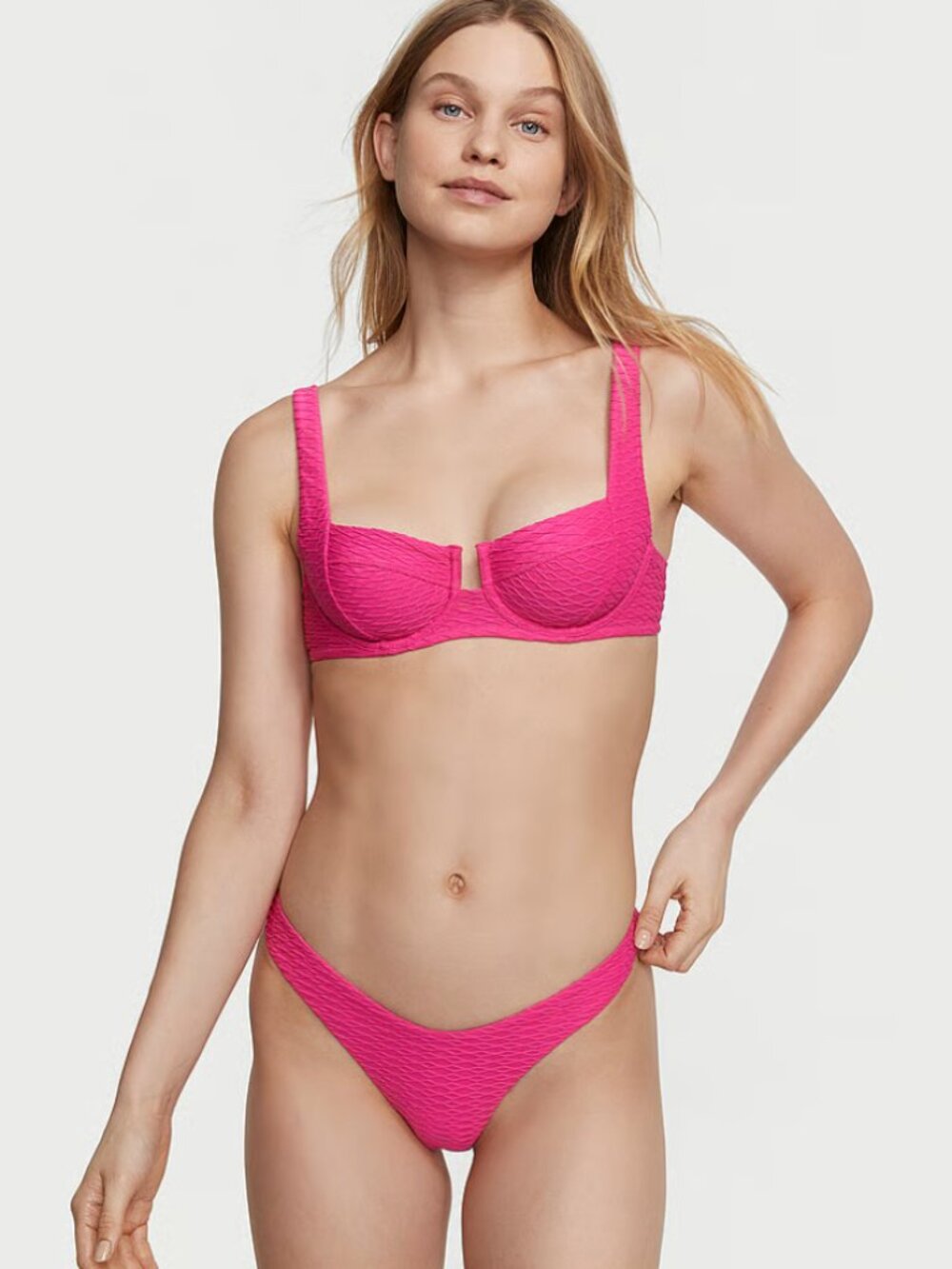 Victoria's Secret Swim Hot Pink Lace Up Bikini Set 32B Small Brazilian Y2K